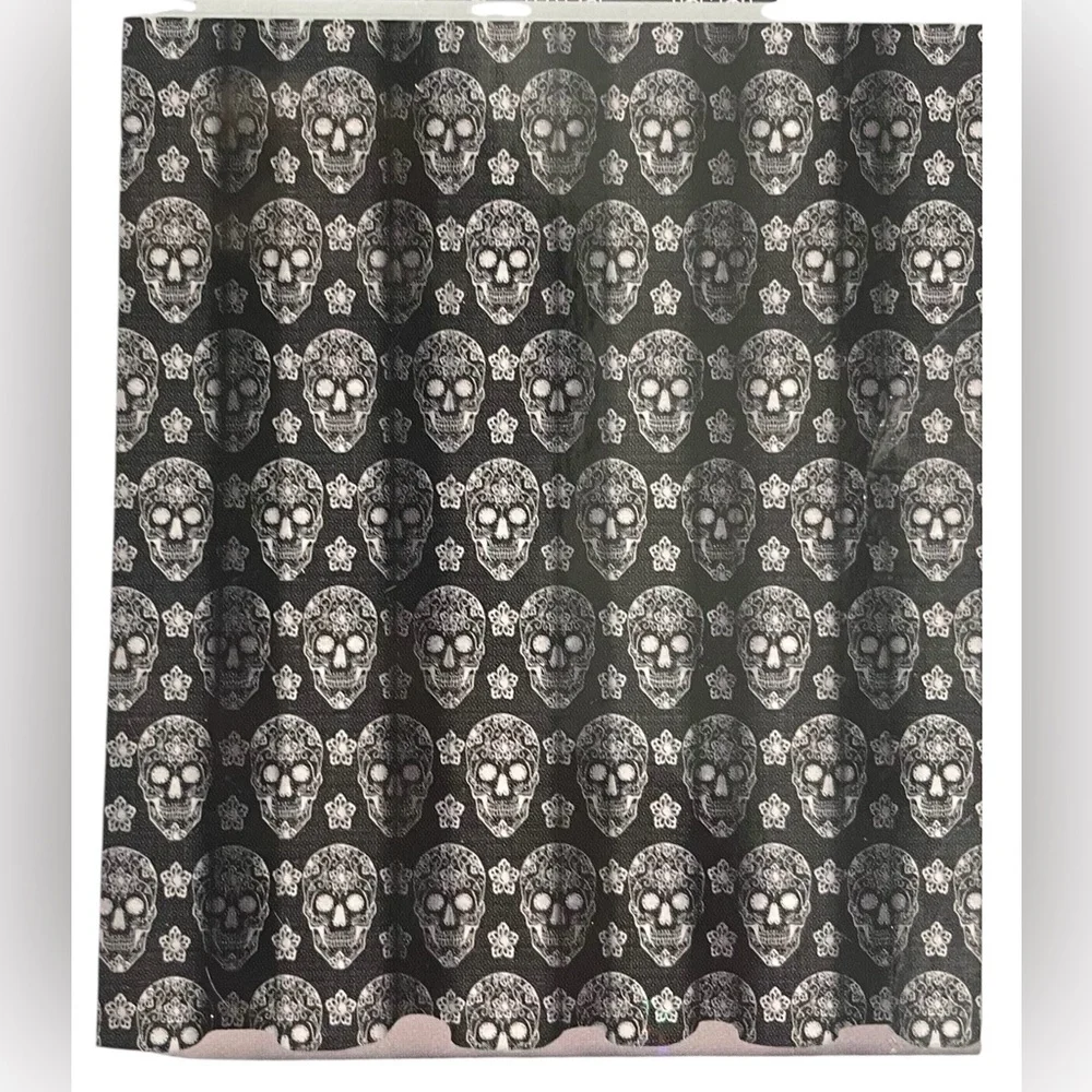 Halloween Sugar Skulls Black Metallic Silver Shower Curtain Goth Spooky NEW NWT